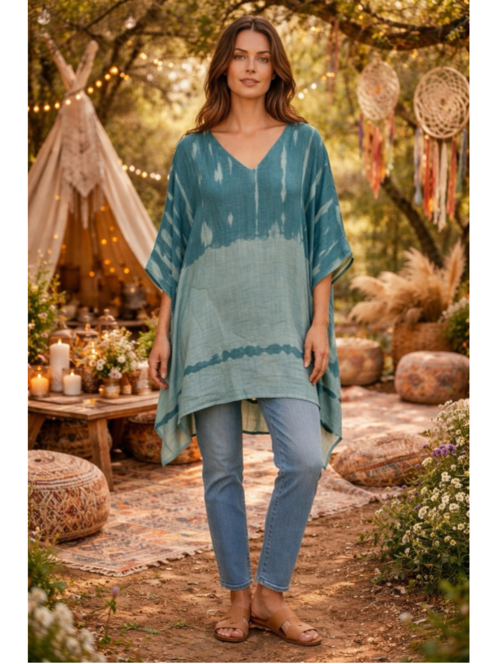 Pure Jill Women's Turquoise V-Neck Tie Dye Gauze Poncho Tunic Top 100% Cotton